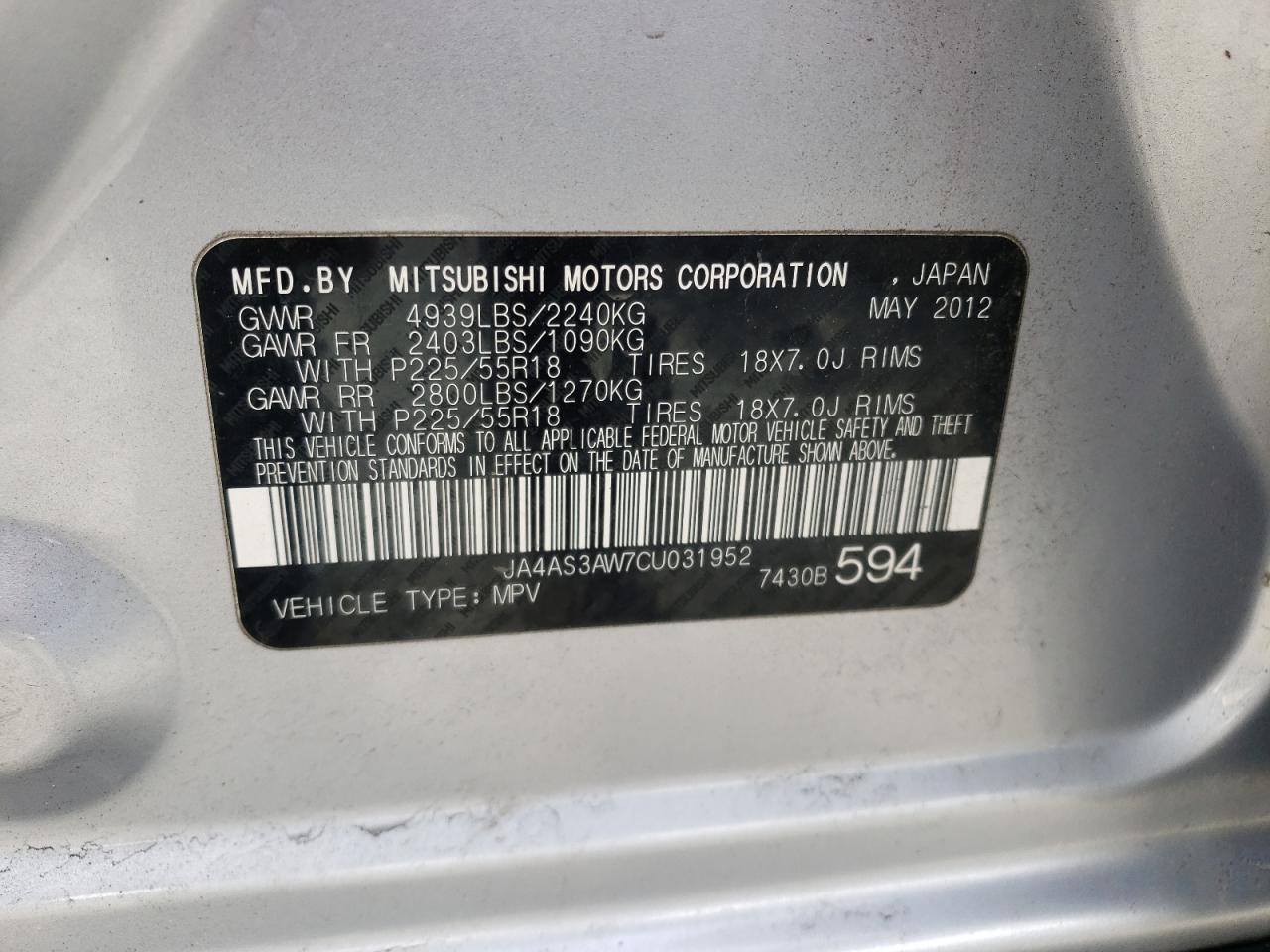 Photo 10 from auction – 2012 MITSUBISHI OUTLANDER with VIN JA4AS3AW7CU031952