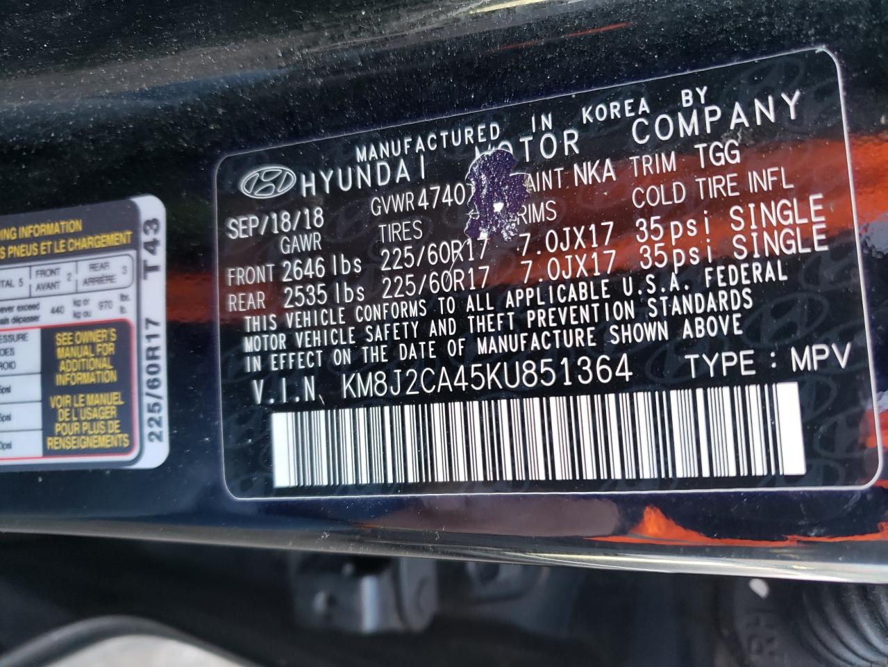 Photo 10 from auction – 2019 HYUNDAI TUCSON SE with VIN KM8J2CA45KU851364