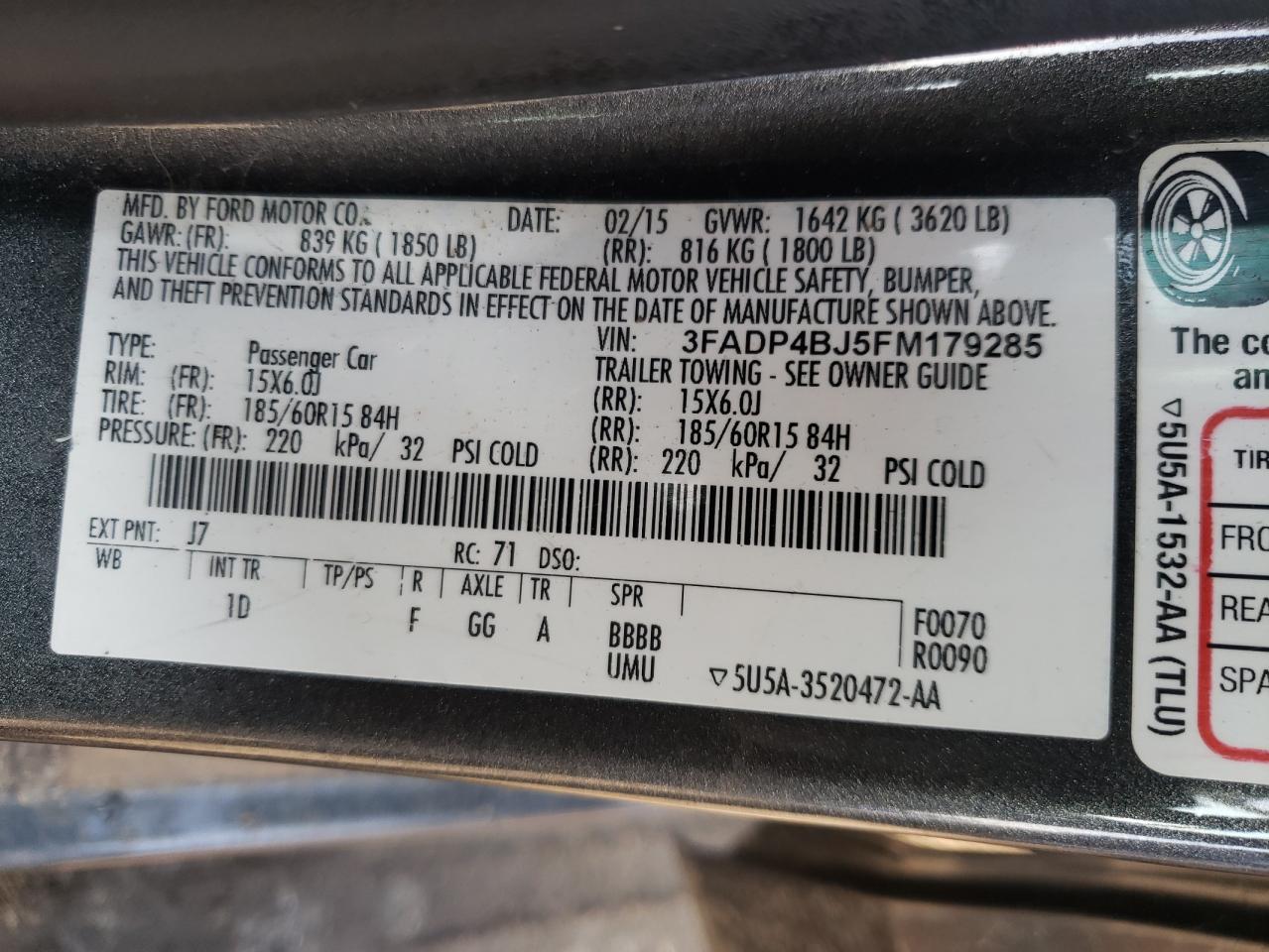 Photo 10 from auction – 2015 FORD FIESTA SE with VIN 3FADP4BJ5FM179285