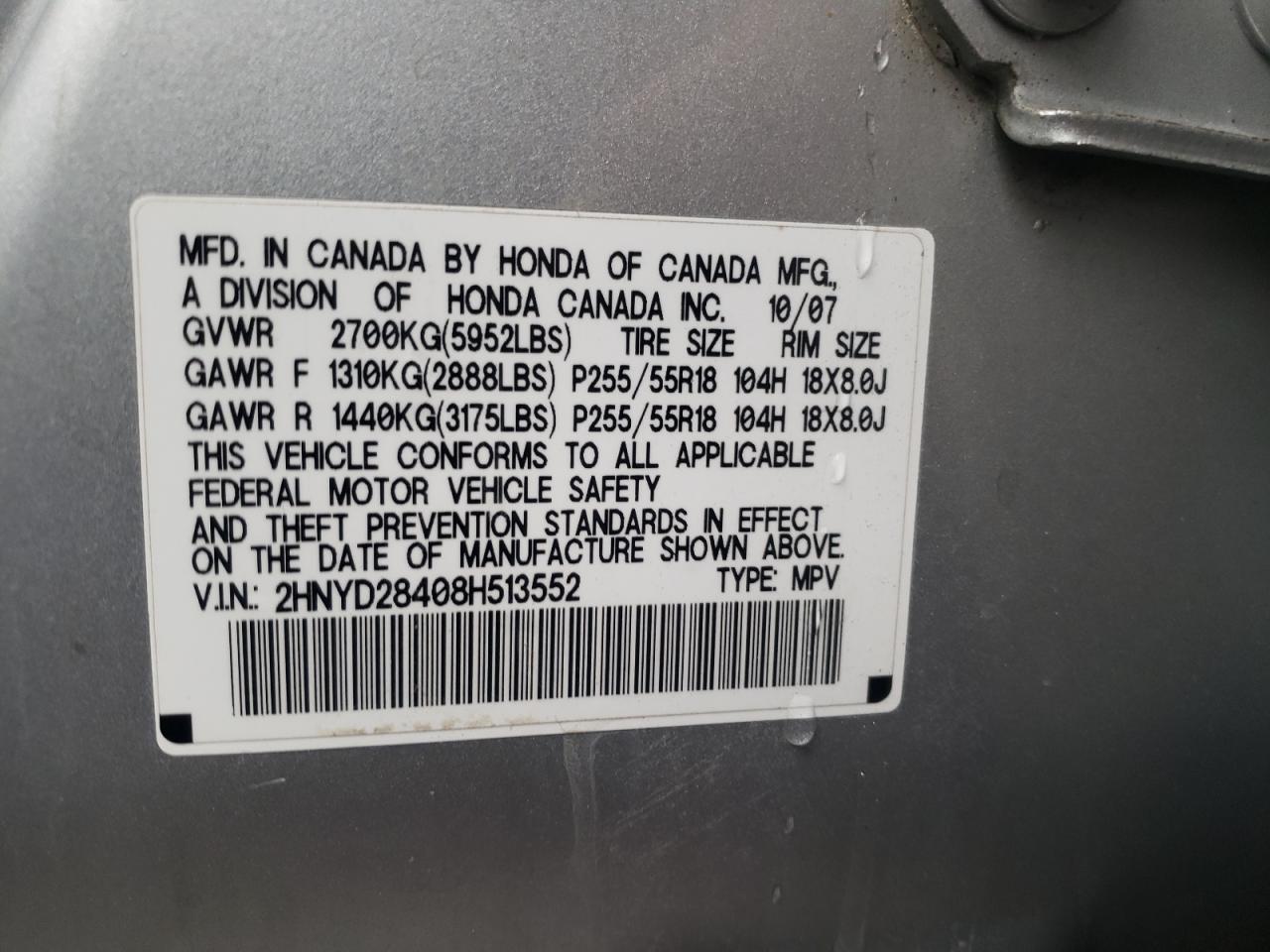 Photo 10 from auction – 2008 ACURA MDX TECHNO with VIN 2HNYD28408H513552