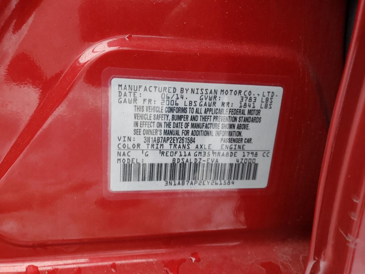 Photo 10 from auction – 2014 NISSAN SENTRA S with VIN 3N1AB7AP2EY261584
