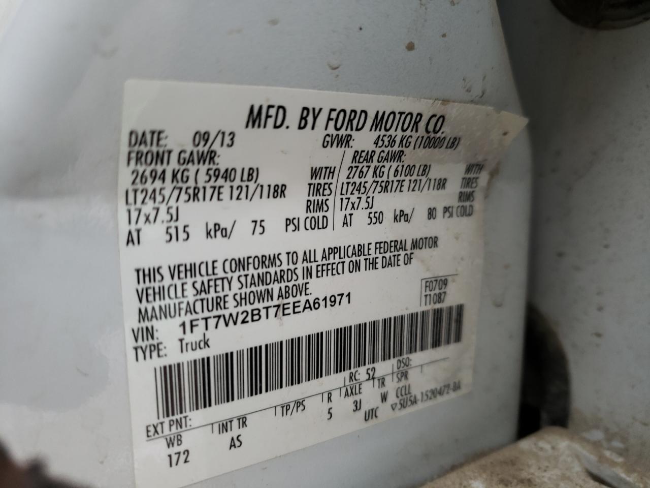Photo 10 from auction – 2014 FORD F250 SUPER with VIN 1FT7W2BT7EEA61971