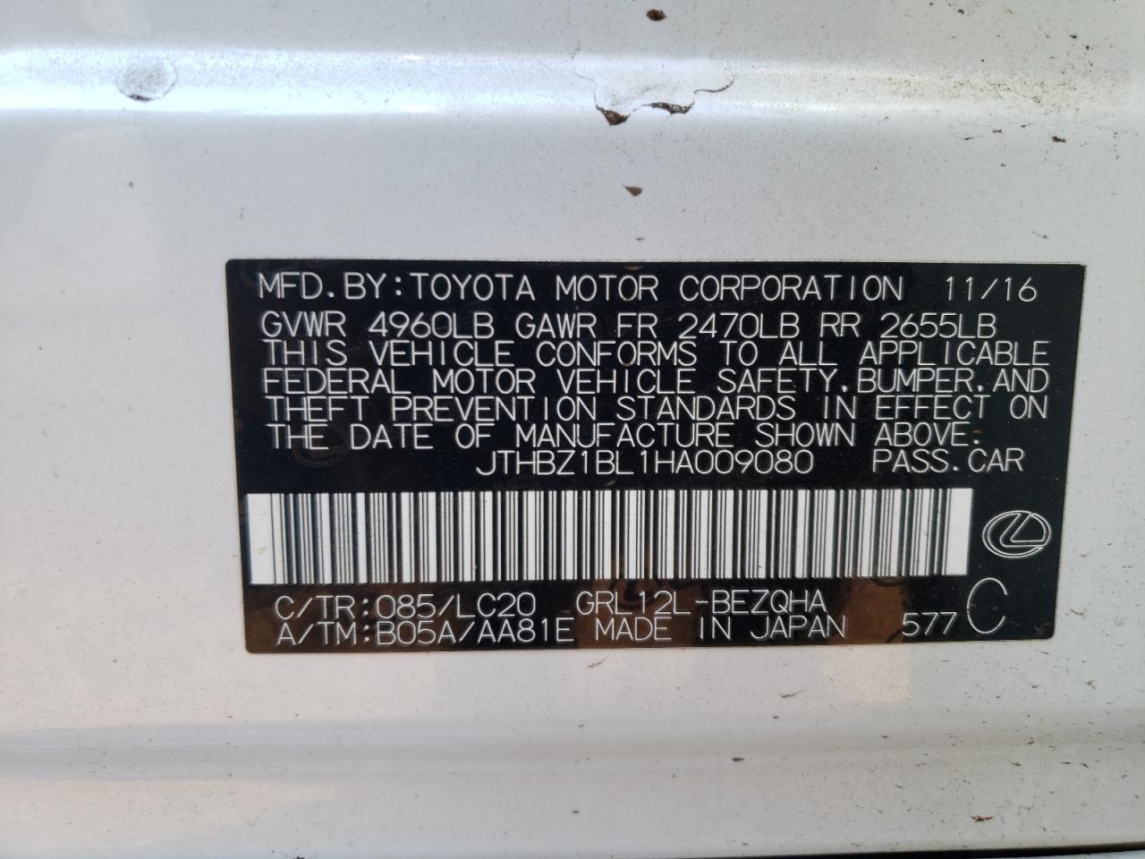 Photo 10 from auction – 2017 LEXUS GS 350 BAS with VIN JTHBZ1BL1HA009080