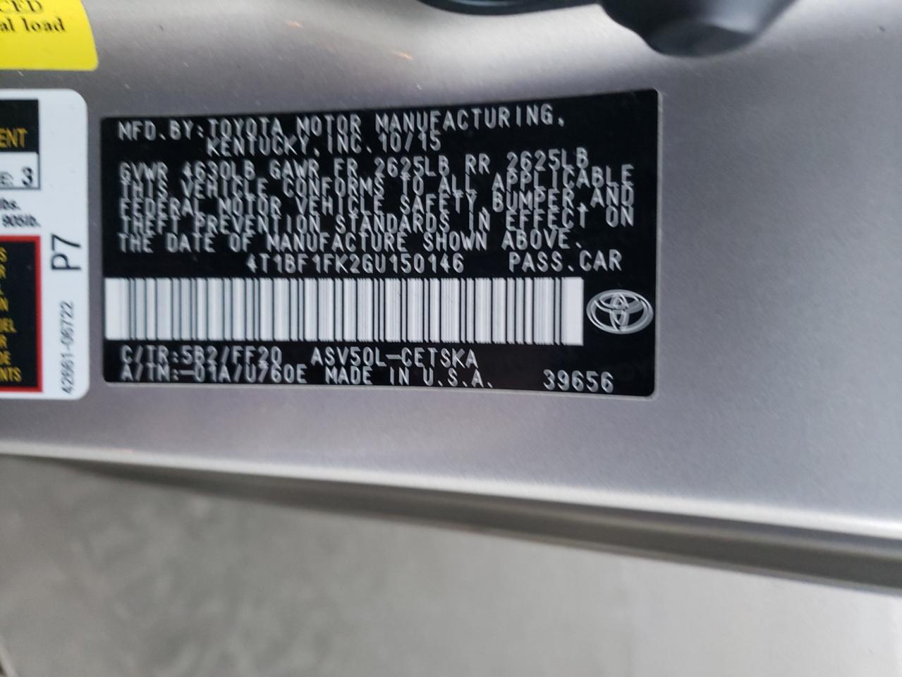 Photo 10 from auction – 2016 TOYOTA CAMRY LE with VIN 4T1BF1FK2GU150146