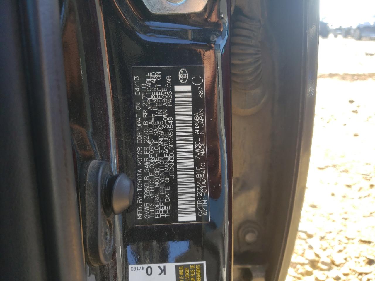 Photo 10 from auction – 2013 TOYOTA PRIUS with VIN JTDKN3DU5D0351548