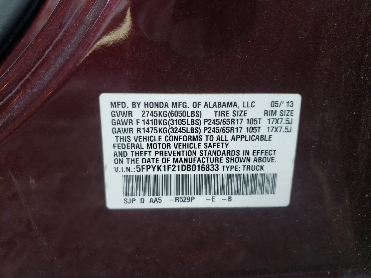 Photo 10 from auction – 2013 HONDA RIDGELINE with VIN 5FPYK1F21DB016833