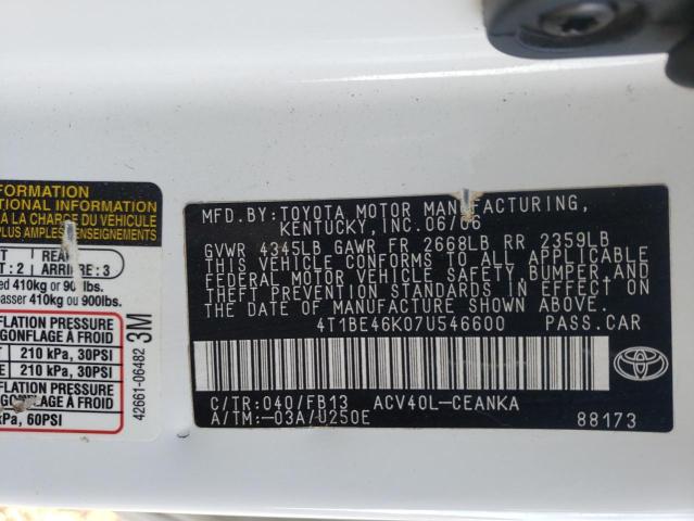 Photo 10 from auction – 2007 TOYOTA CAMRY CE with VIN 4T1BE46K07U546600