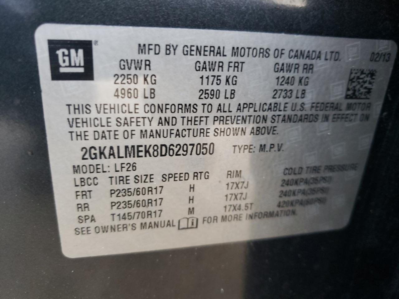 Photo 10 from auction – 2013 GMC TERRAIN SL with VIN 2GKALMEK8D6297050