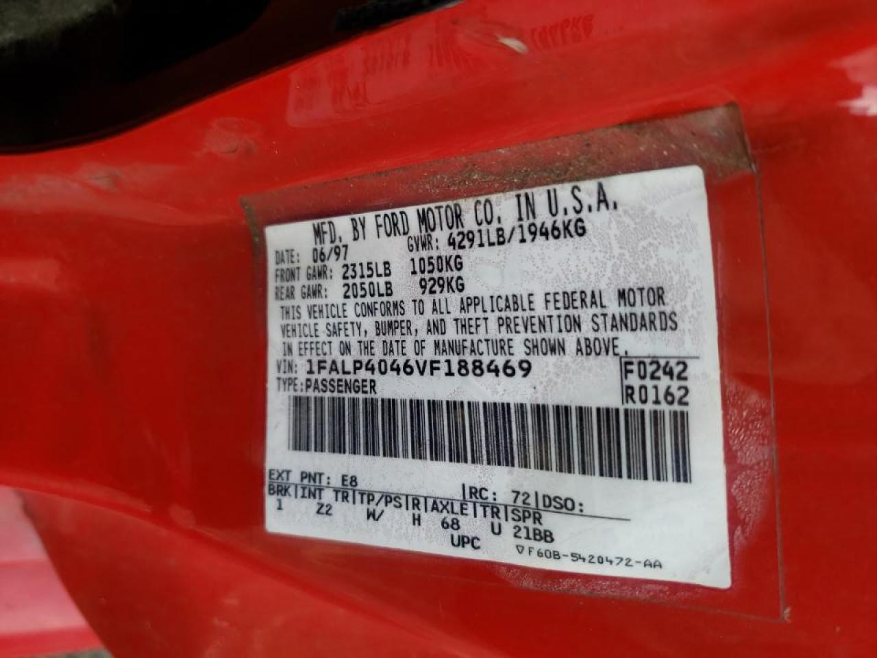 Photo 10 from auction – 1997 FORD MUSTANG with VIN 1FALP4046VF188469