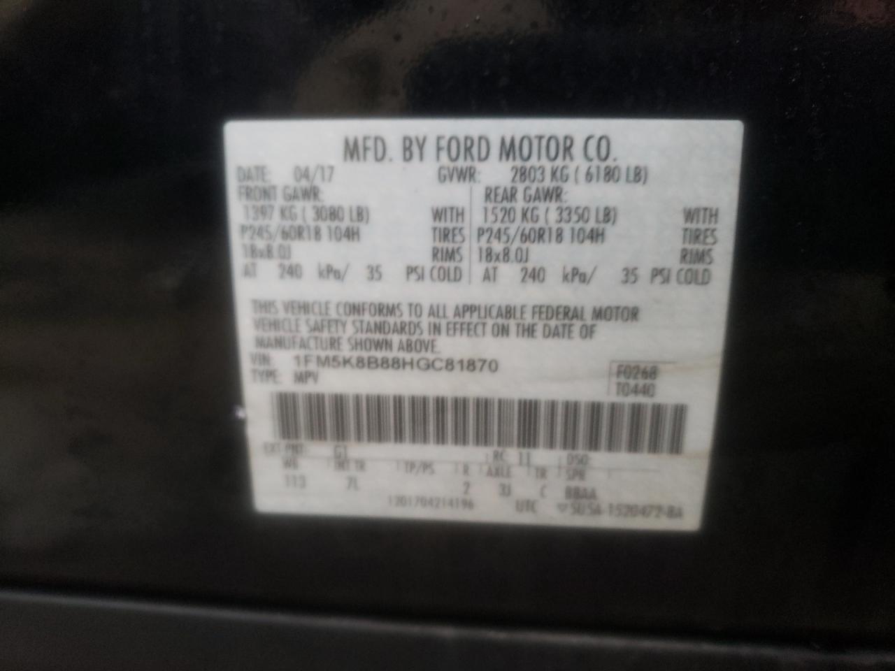 Photo 10 from auction – 2017 FORD EXPLORER with VIN 1FM5K8B88HGC81870