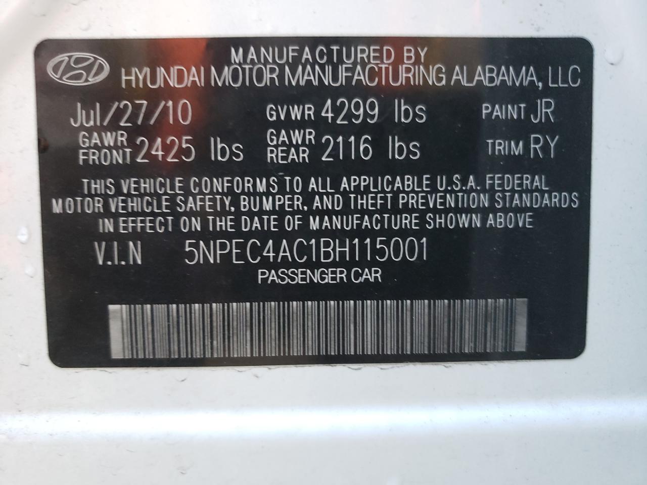 Photo 10 from auction – 2011 HYUNDAI SONATA SE with VIN 5NPEC4AC1BH115001