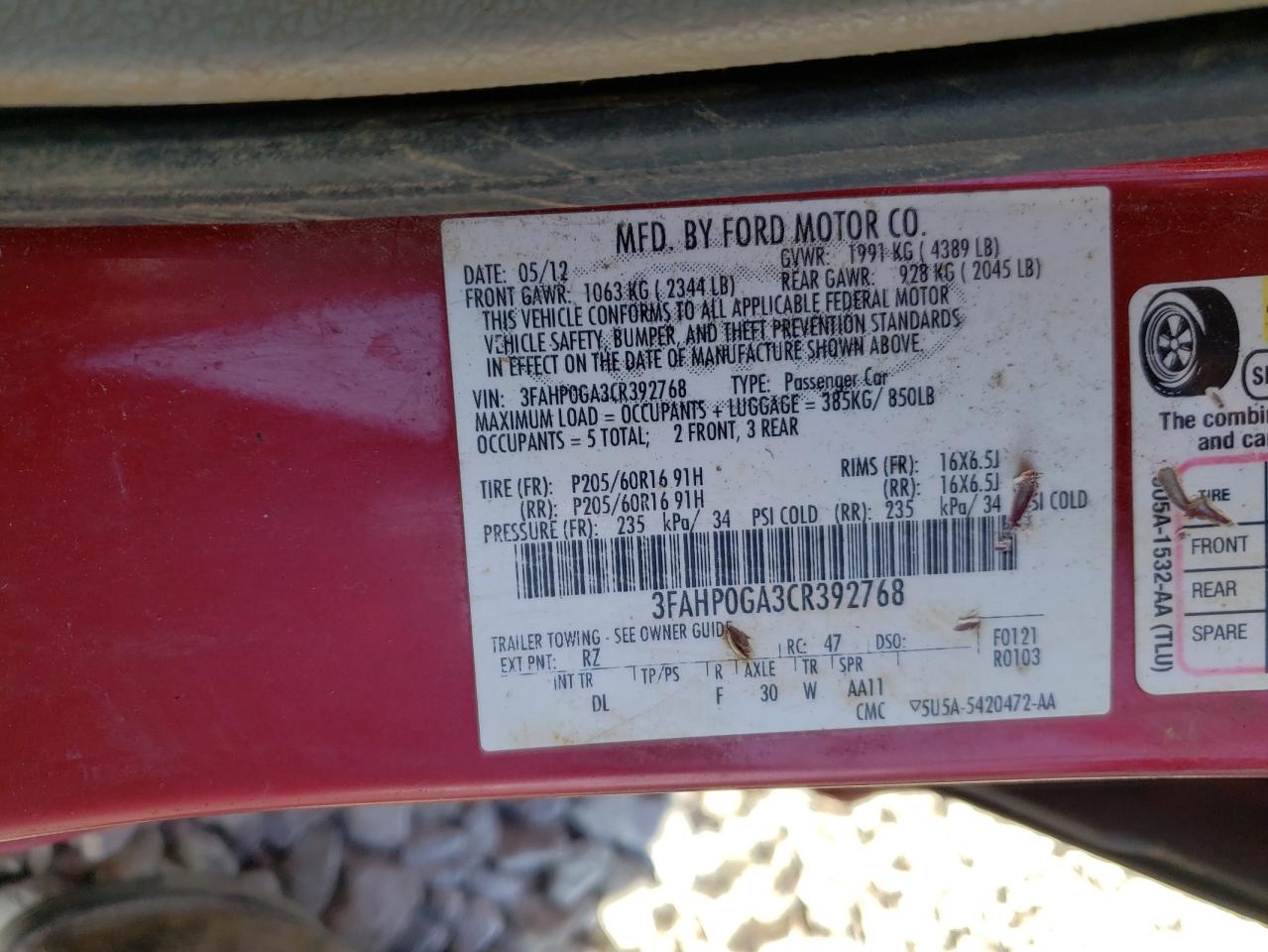 Photo 10 from auction – 2012 FORD FUSION S with VIN 3FAHP0GA3CR392768