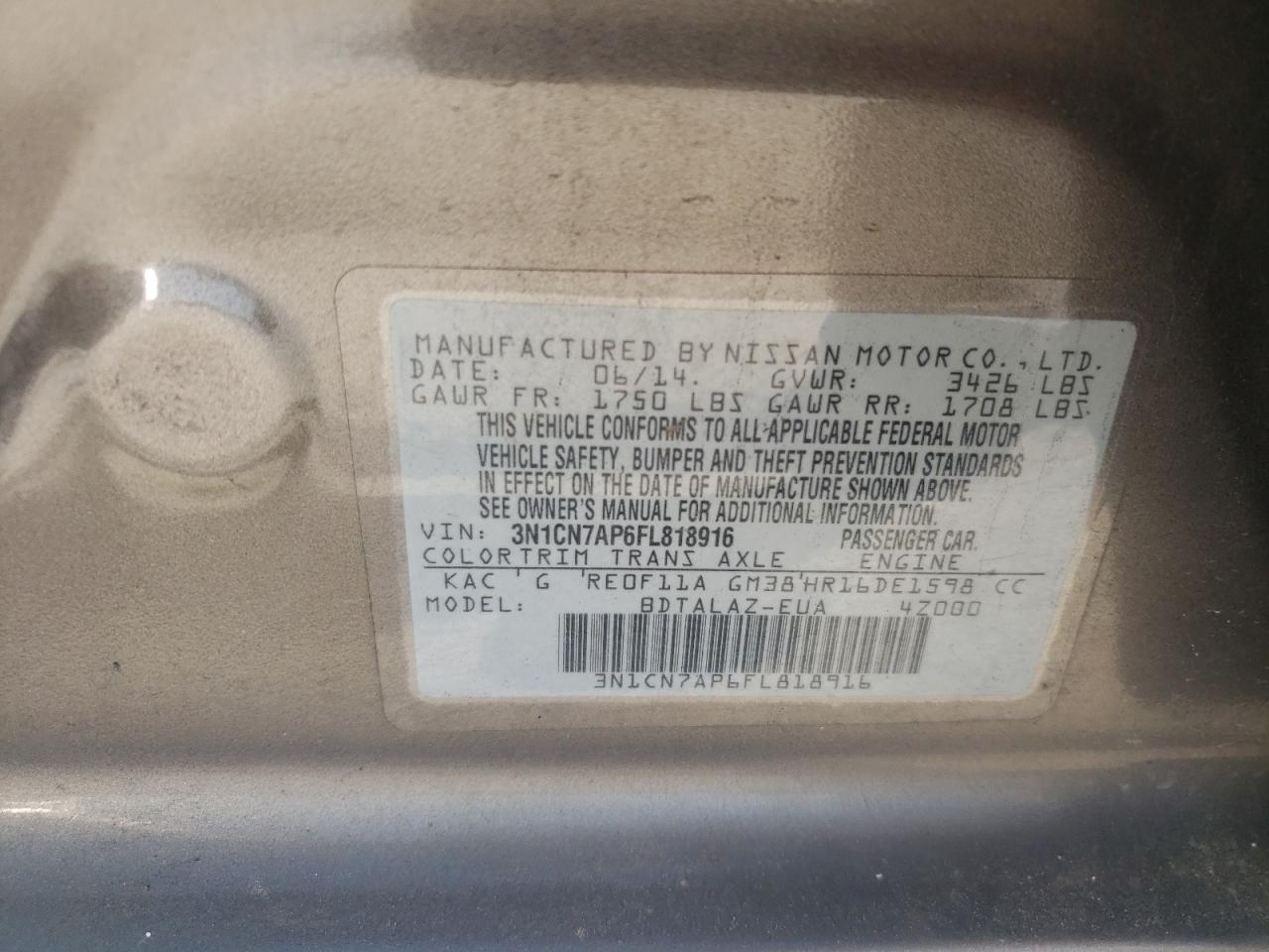 Photo 10 from auction – 2015 NISSAN VERSA S with VIN 3N1CN7AP6FL818916