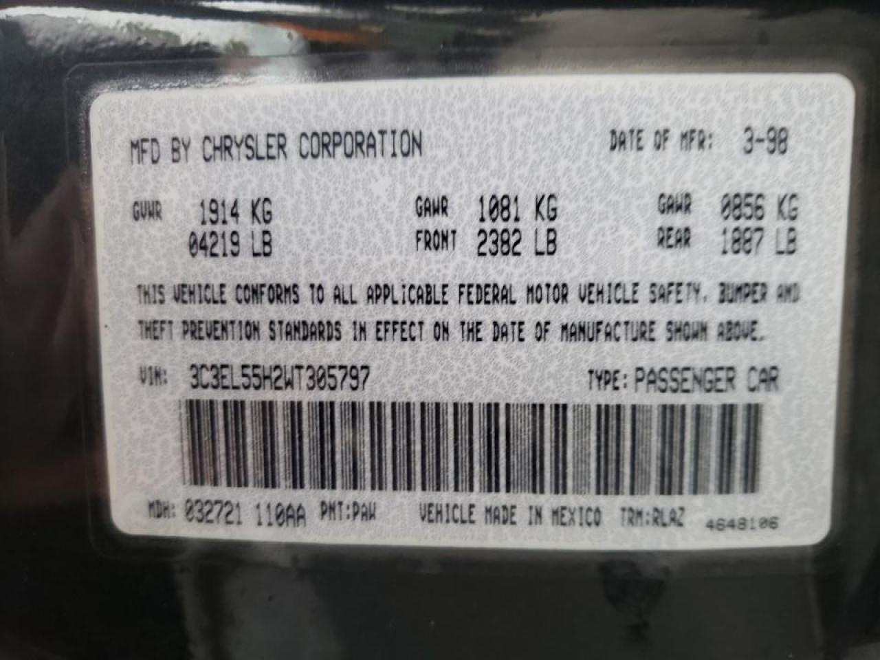 Photo 10 from auction – 1998 CHRYSLER SEBRING JX with VIN 3C3EL55H2WT305797