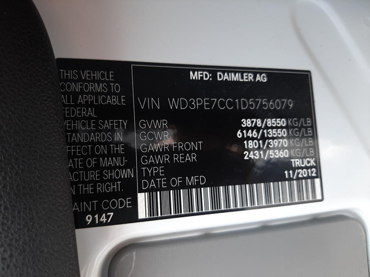 Photo 10 from auction – 2013 MERCEDES-BENZ SPRINTER 2 with VIN WD3PE7CC1D5756079
