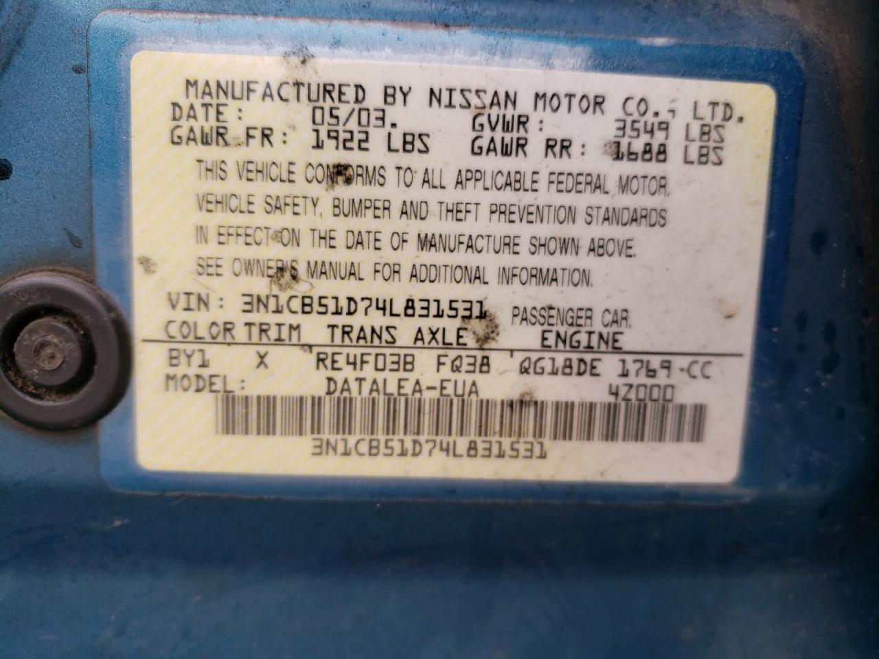 Photo 10 from auction – 2004 NISSAN SENTRA 1.8 with VIN 3N1CB51D74L831531