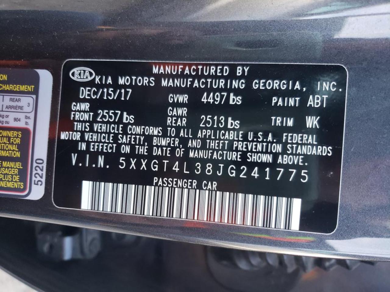 Photo 10 from auction – 2018 KIA OPTIMA LX with VIN 5XXGT4L38JG241775