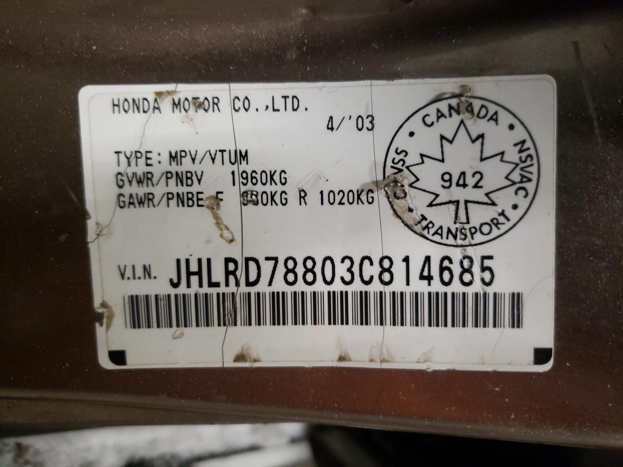 Photo 10 from auction – 2003 HONDA CR-V EX with VIN JHLRD78803C814685
