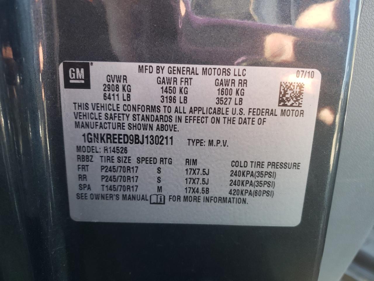 Photo 10 from auction – 2011 CHEVROLET TRAVERSE L with VIN 1GNKREED9BJ130211