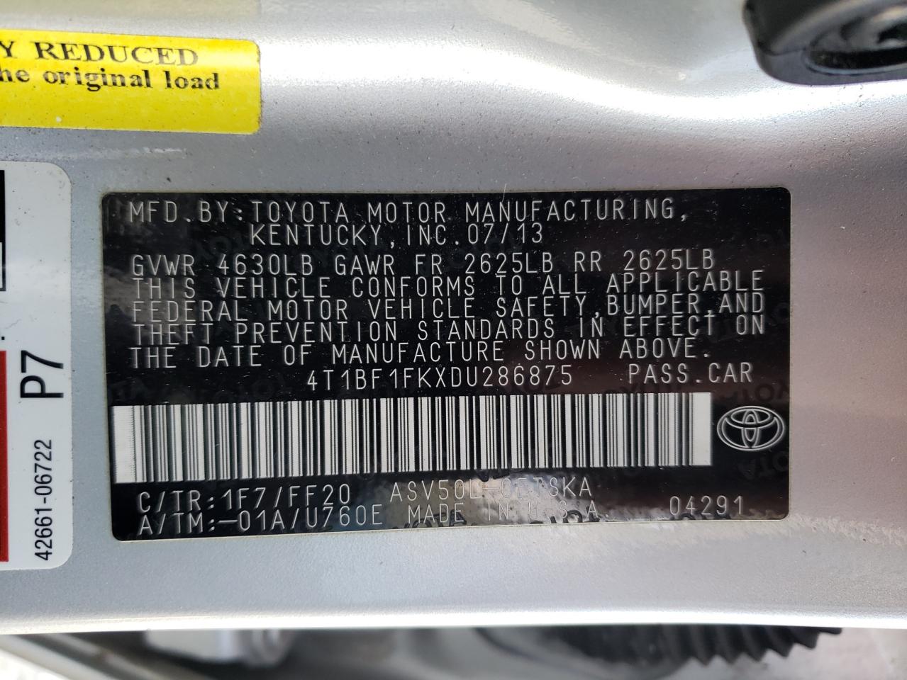 Photo 10 from auction – 2013 TOYOTA CAMRY L with VIN 4T1BF1FKXDU286875