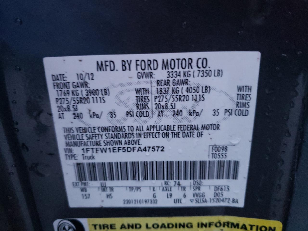 Photo 10 from auction – 2013 FORD F150 SUPER with VIN 1FTFW1EF5DFA47572