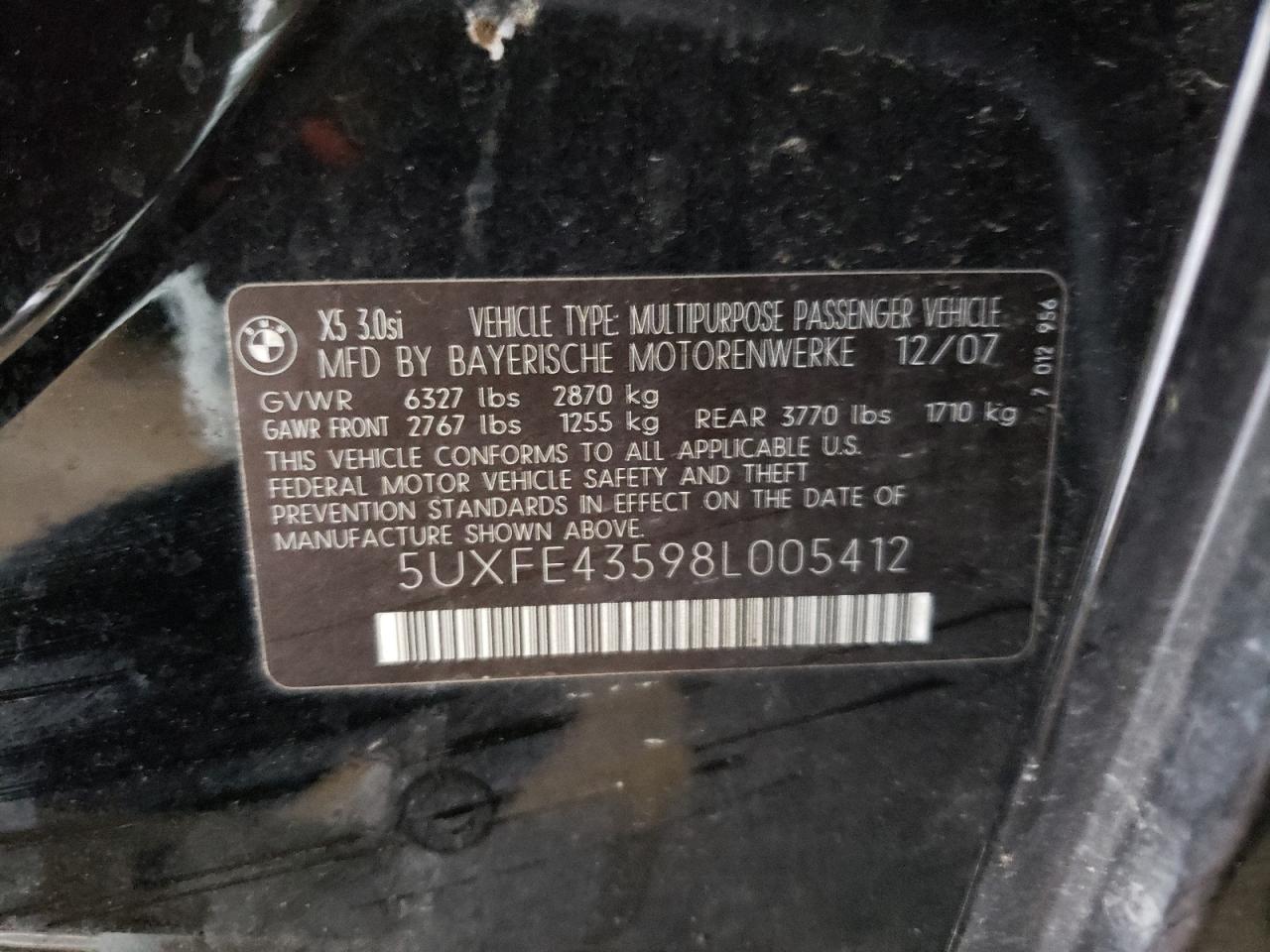 Photo 10 from auction – 2008 BMW X5 3.0I with VIN 5UXFE43598L005412