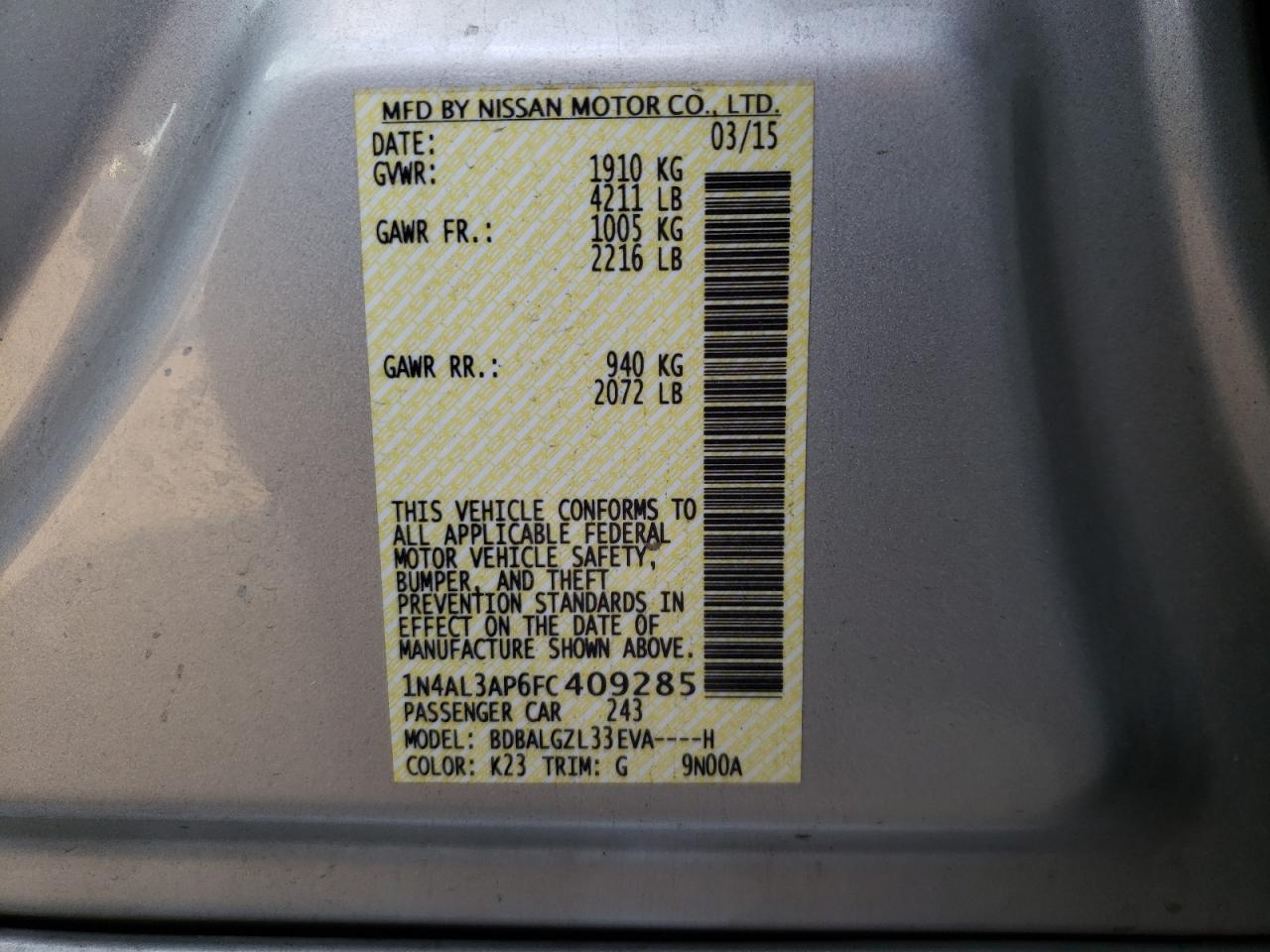Photo 10 from auction – 2015 NISSAN ALTIMA 2.5 with VIN 1N4AL3AP6FC409285