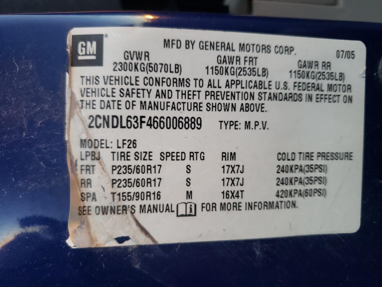 Photo 10 from auction – 2006 CHEVROLET EQUINOX LT with VIN 2CNDL63F466006889