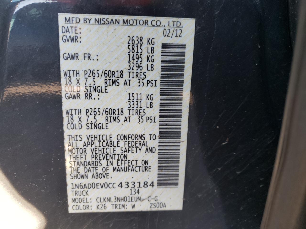 Photo 10 from auction – 2012 NISSAN FRONTIER S with VIN 1N6AD0EV0CC433184