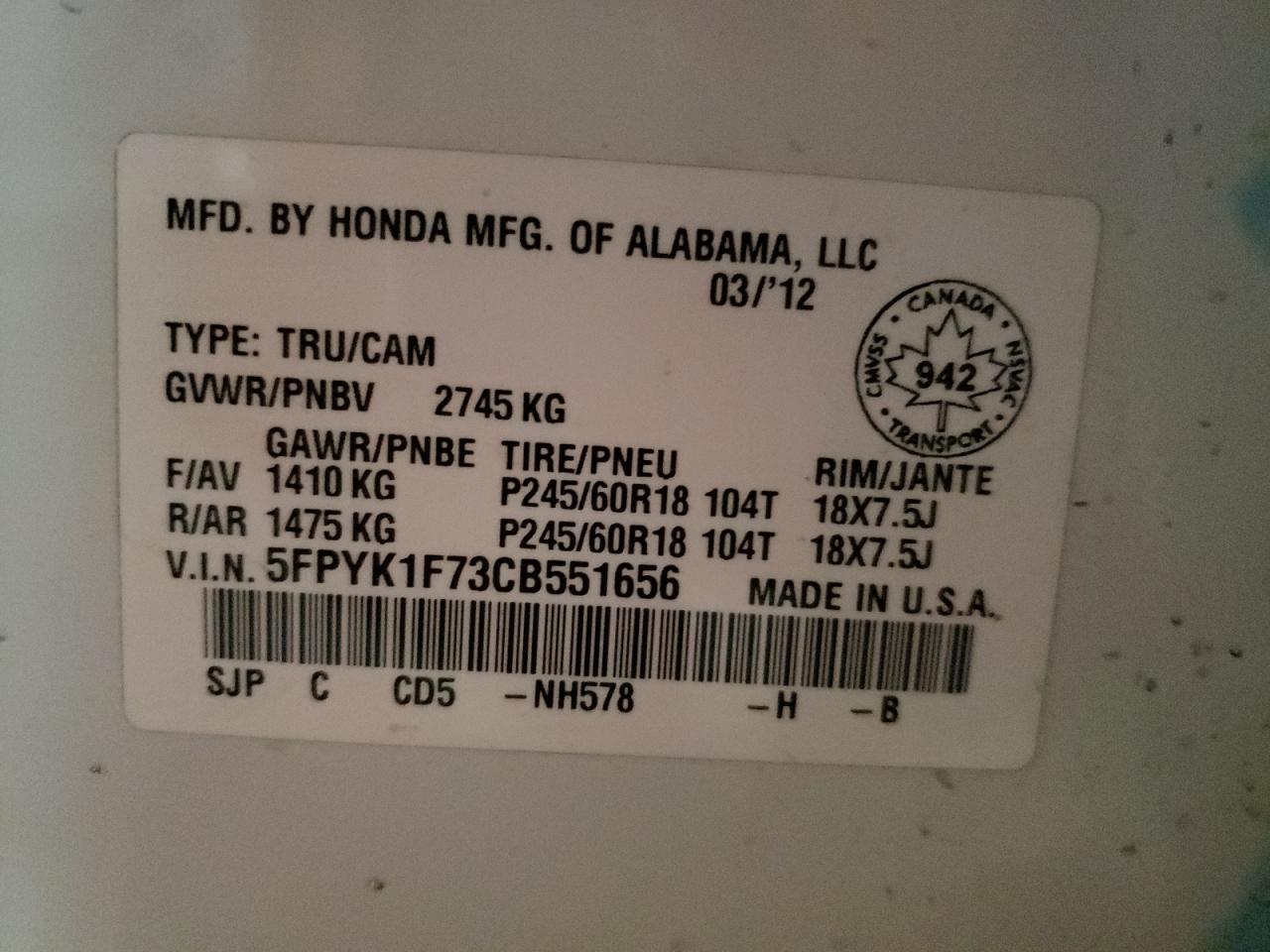 Photo 10 from auction – 2012 HONDA RIDGELINE with VIN 5FPYK1F73CB551656
