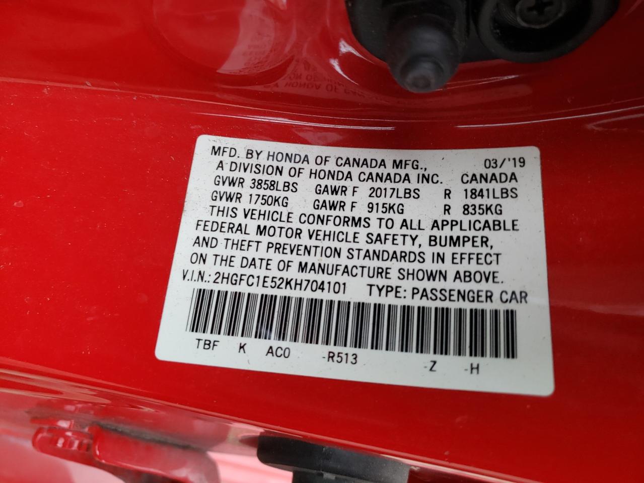 Photo 10 from auction – 2019 HONDA CIVIC SI with VIN 2HGFC1E52KH704101