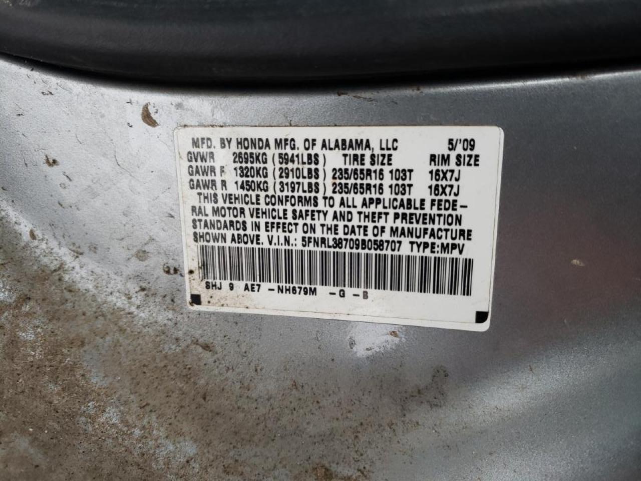 Photo 10 from auction – 2009 HONDA ODYSSEY EX with VIN 5FNRL38709B058707