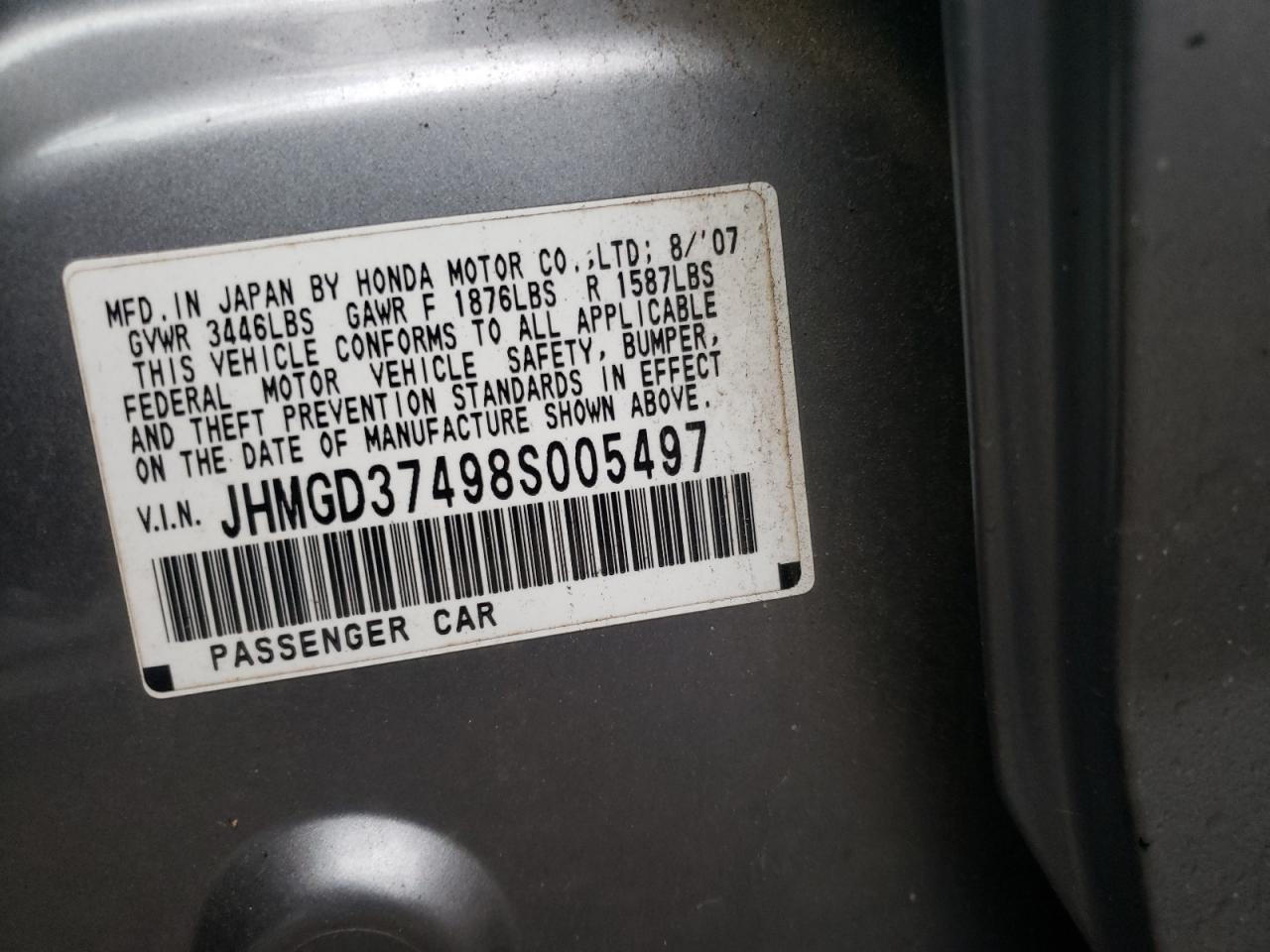 Photo 10 from auction – 2008 HONDA FIT with VIN JHMGD37498S005497