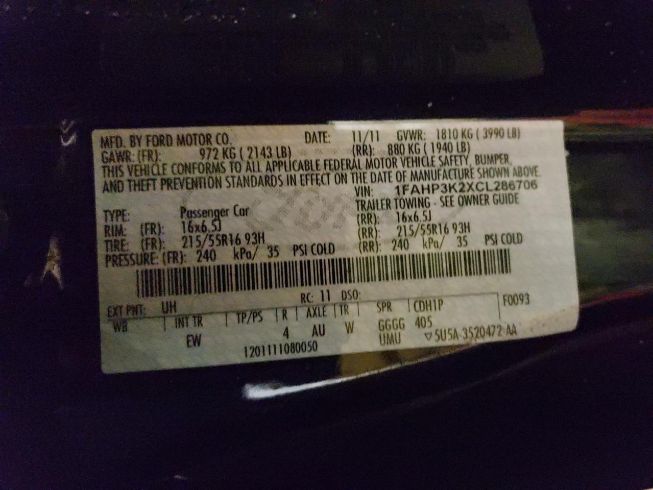 Photo 10 from auction – 2012 FORD FOCUS SE with VIN 1FAHP3K2XCL286706