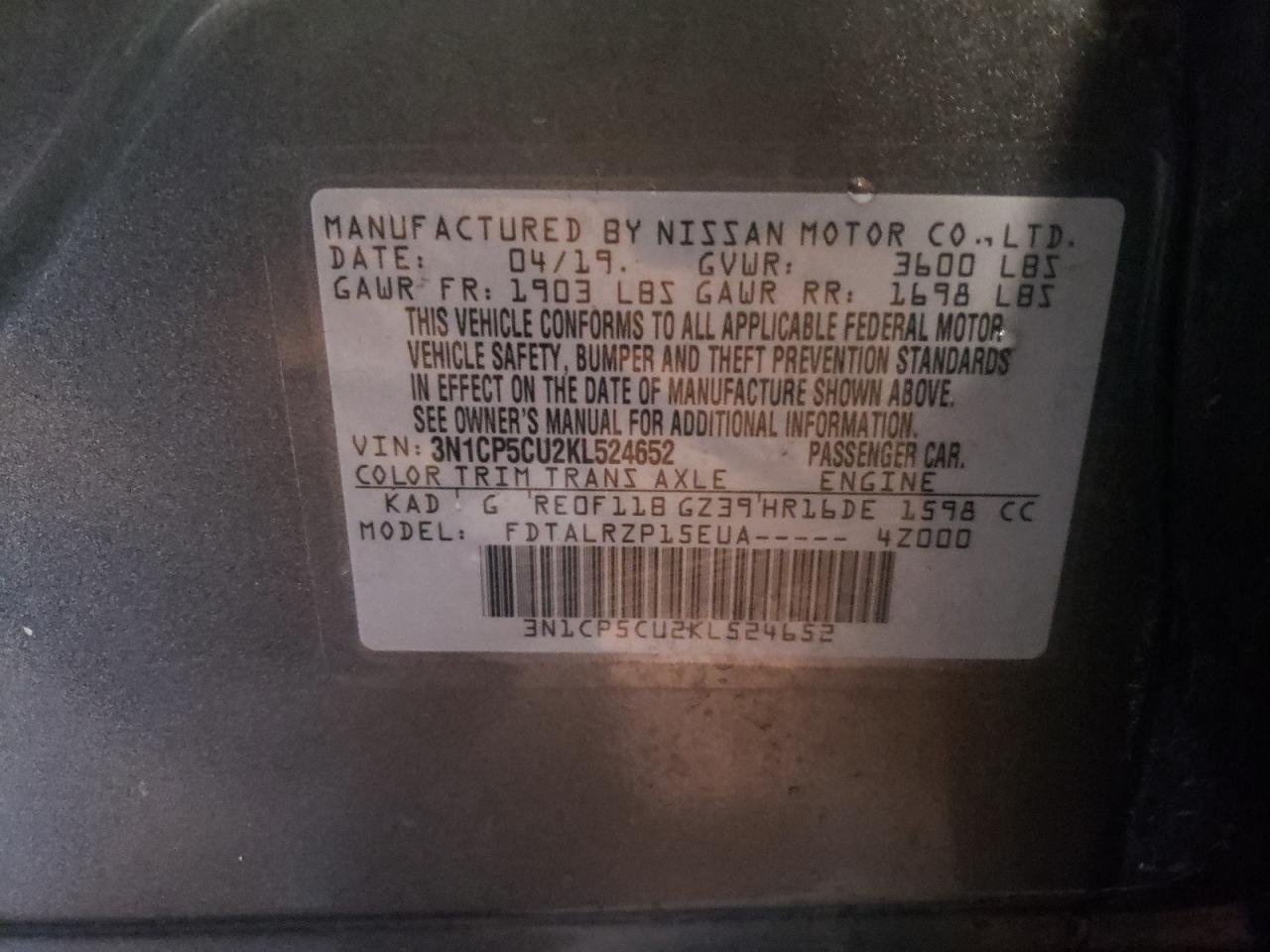 Photo 10 from auction – 2019 NISSAN KICKS S with VIN 3N1CP5CU2KL524652