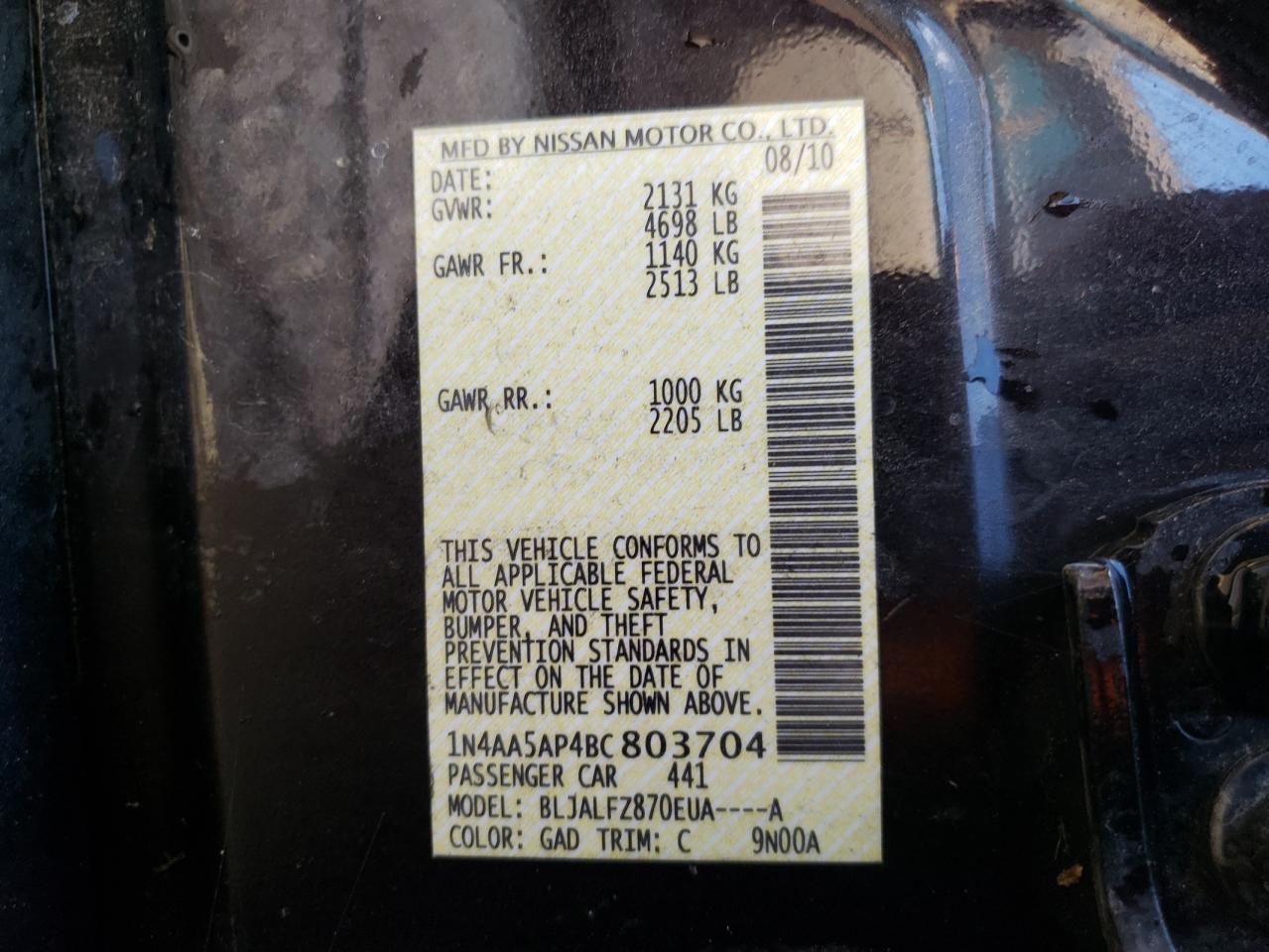 Photo 10 from auction – 2011 NISSAN MAXIMA S with VIN 1N4AA5AP4BC803704