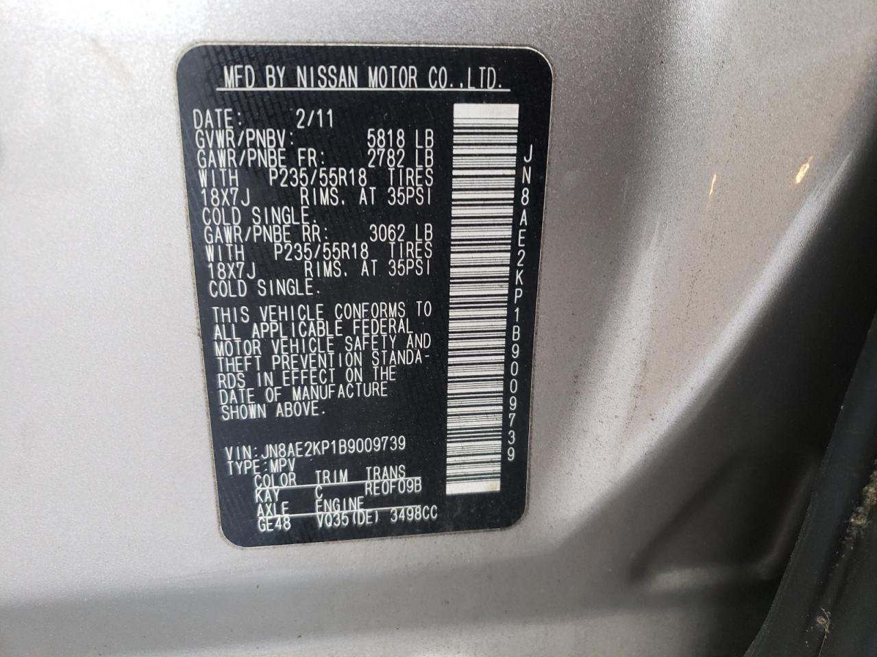 Photo 10 from auction – 2011 NISSAN QUEST S with VIN JN8AE2KP1B9009739