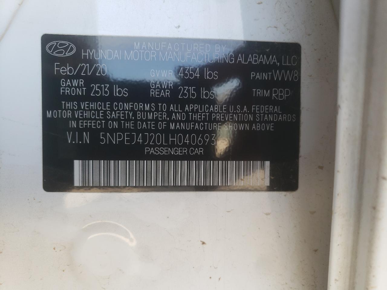 Photo 10 from auction – 2020 HYUNDAI SONATA SEL with VIN 5NPEJ4J20LH040693