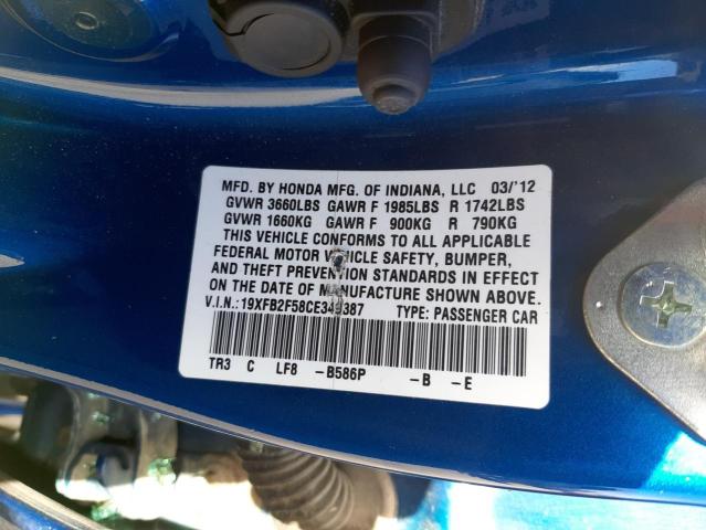 Photo 10 from auction – 2012 HONDA CIVIC LX with VIN 19XFB2F58CE349387