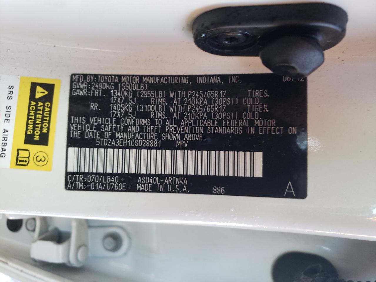 Photo 10 from auction – 2012 TOYOTA HIGHLANDER with VIN 5TDZA3EH1CS028881