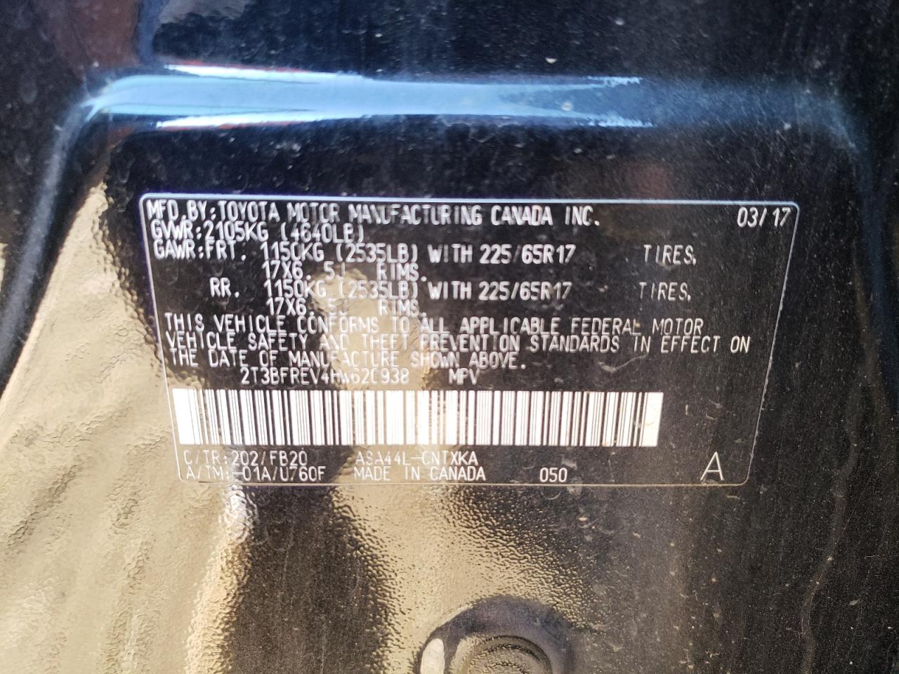 Photo 10 from auction – 2017 TOYOTA RAV4 LE with VIN 2T3BFREV4HW620938