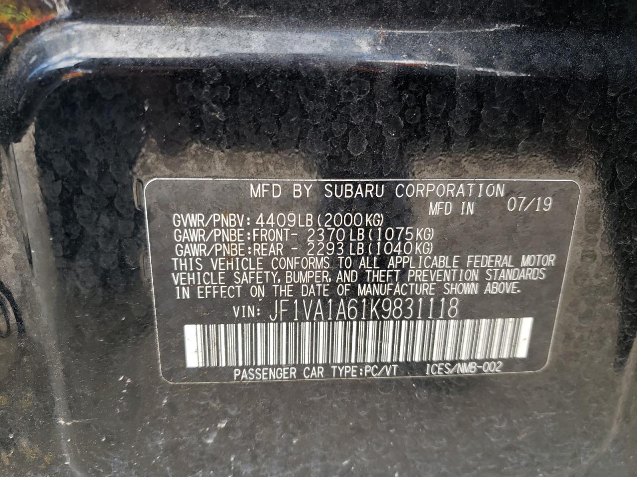 Photo 10 from auction – 2019 SUBARU WRX with VIN JF1VA1A61K9831118