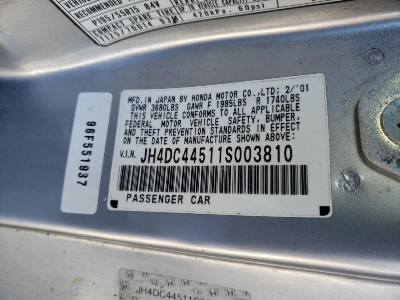 Photo 10 from auction – 2001 ACURA INTEGRA LS with VIN JH4DC44511S003810