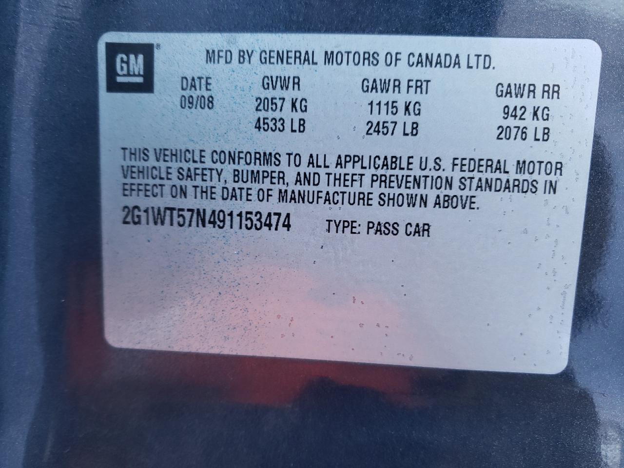 Photo 10 from auction – 2009 CHEVROLET IMPALA 1LT with VIN 2G1WT57N491153474