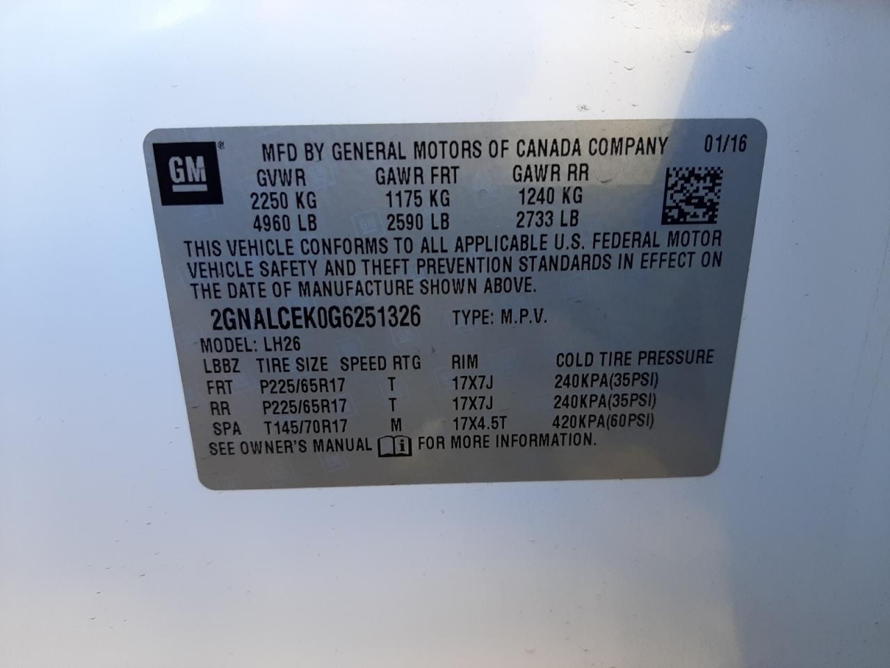 Photo 10 from auction – 2016 CHEVROLET EQUINOX LT with VIN 2GNALCEK0G6251326