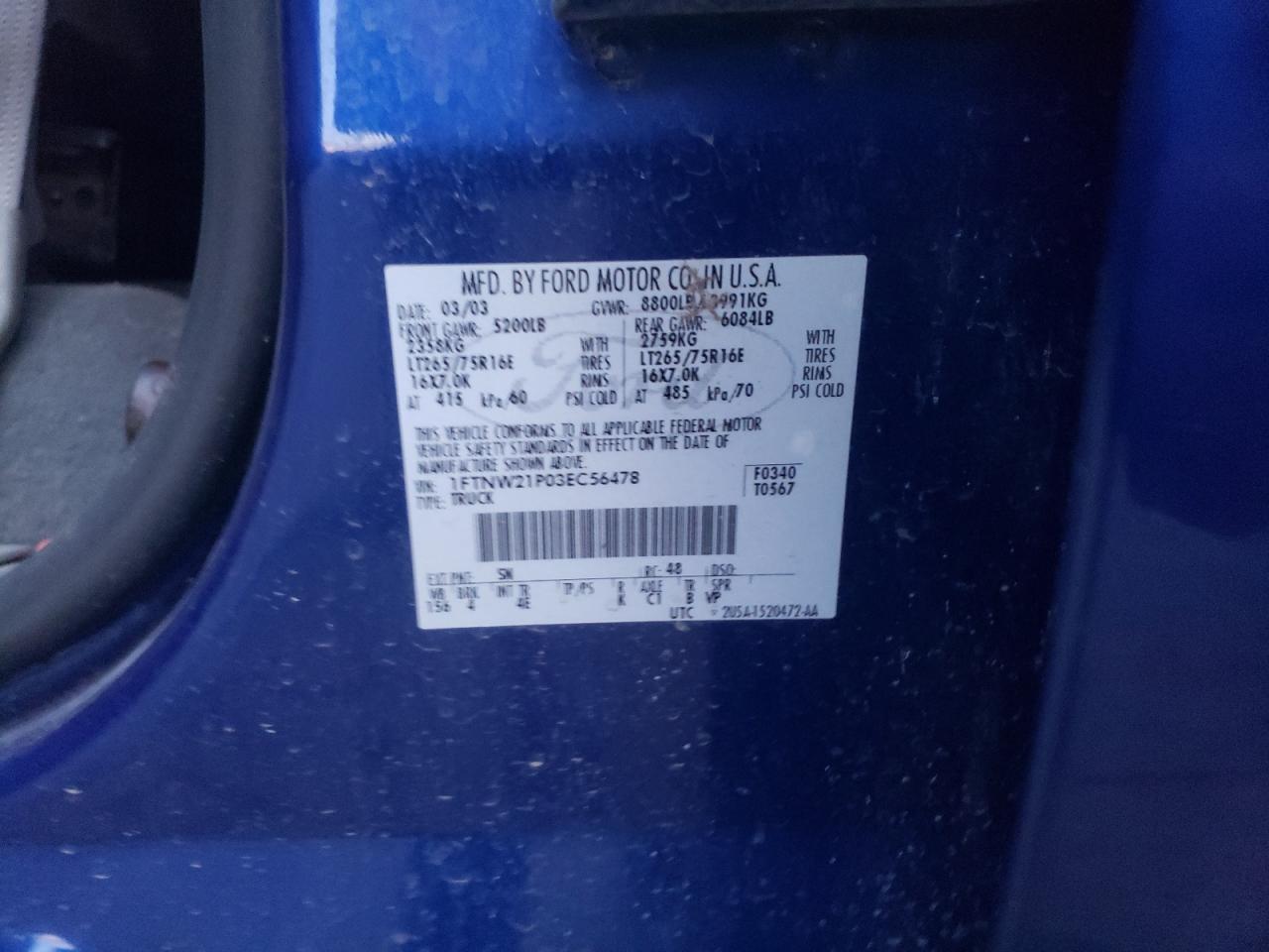 Photo 10 from auction – 2003 FORD F250 SUPER with VIN 1FTNW21P03EC56478