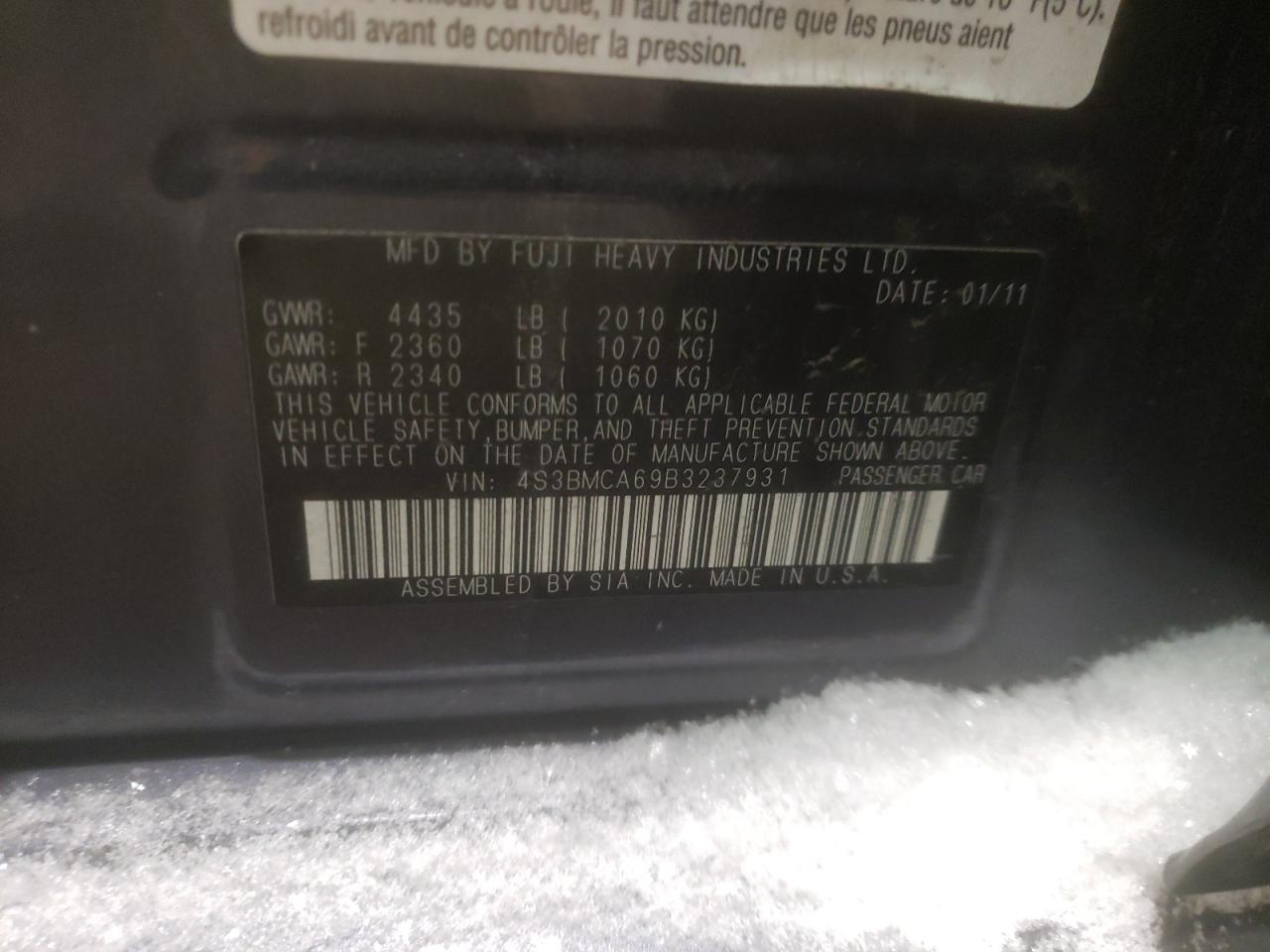 Photo 10 from auction – 2011 SUBARU LEGACY 2.5 with VIN 4S3BMCA69B3237931