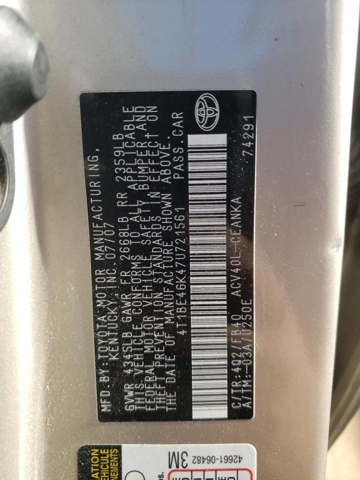 Photo 10 from auction – 2007 TOYOTA CAMRY CE with VIN 4T1BE46K47U721561