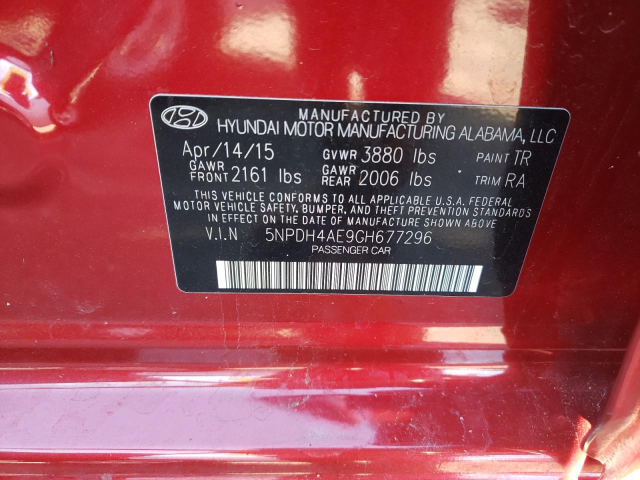 Photo 10 from auction – 2016 HYUNDAI ELANTRA SE with VIN 5NPDH4AE9GH677296
