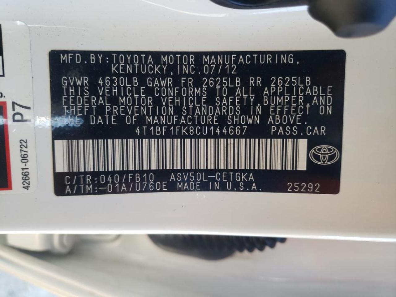 Photo 10 from auction – 2012 TOYOTA CAMRY BASE with VIN 4T1BF1FK8CU144667